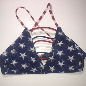 Red, white and blue bathing suit top.